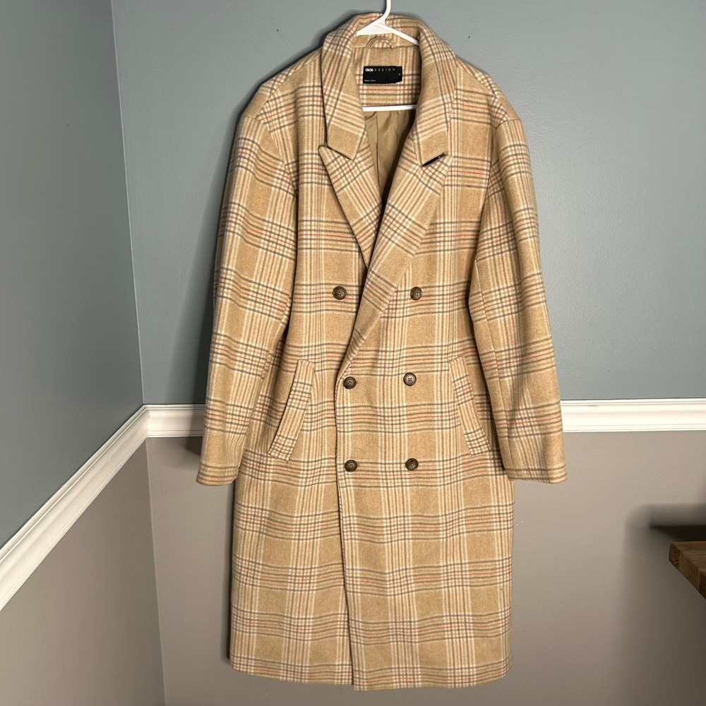 ASOS DESIGN oversized Plaid longline Overcoat Tan Mens‎ Size M